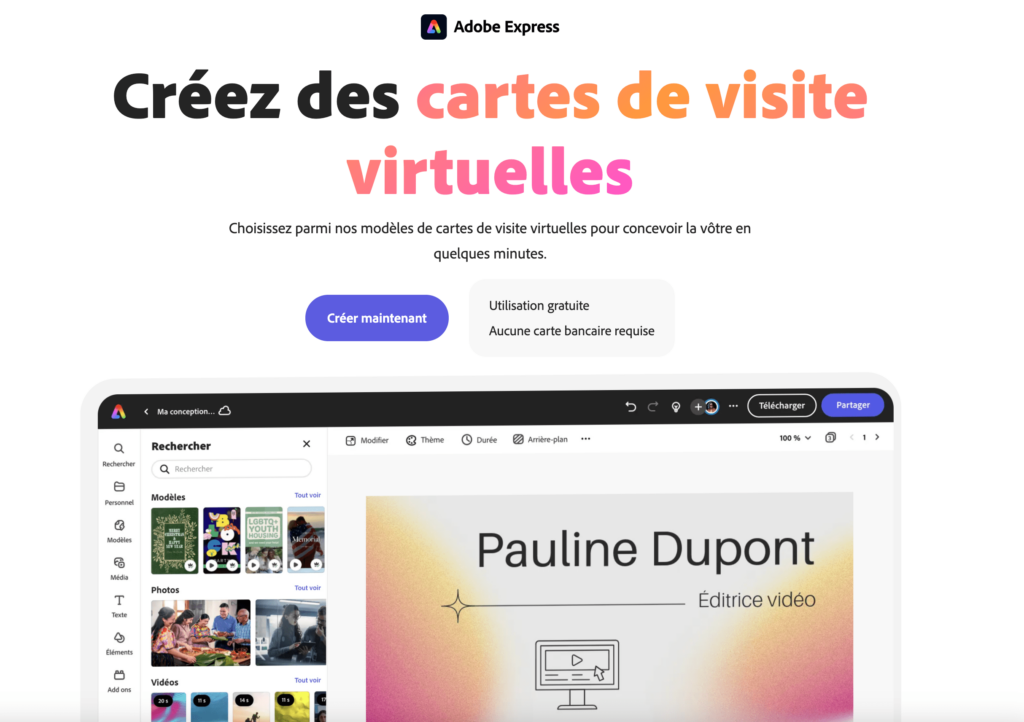 cartes de visite virtuelles avec adobe express